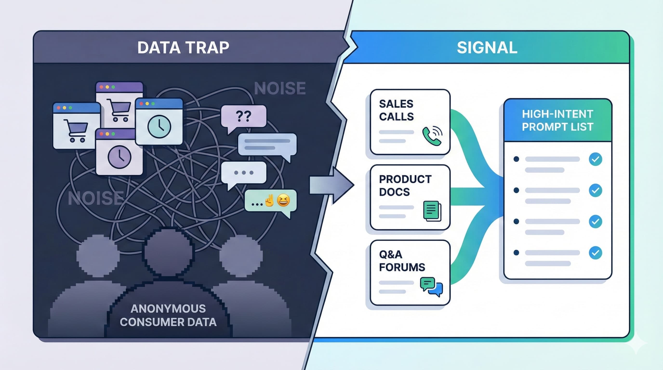 Split-screen illustration comparing noisy B2C prompt data with verified B2B sources. The left side shows a cluttered 'data trap' of random browser extensions and chaotic chat snippets, while the right side shows clean cards labeled with trusted sources like sales calls, product docs, and Q&A forums flowing into an organized high-intent prompt list.