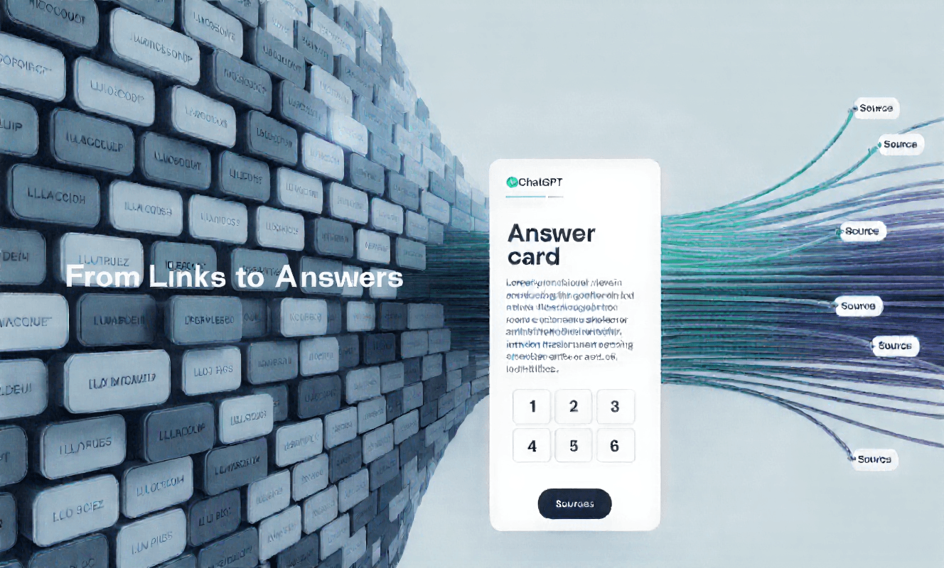 A doorway shaped like a search bar divides a wall of old-style blue search links from a single, glowing answer card with citation chips, symbolizing the shift from SEO’s link lists to GEO’s synthesized answers.”