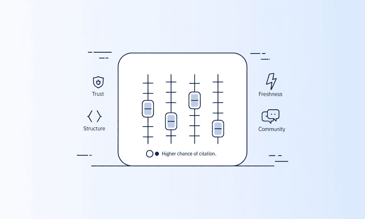 “A mixing board with sliders for Trust, Structure, Freshness, and Community showing how AI ranking factors combine to drive citations.