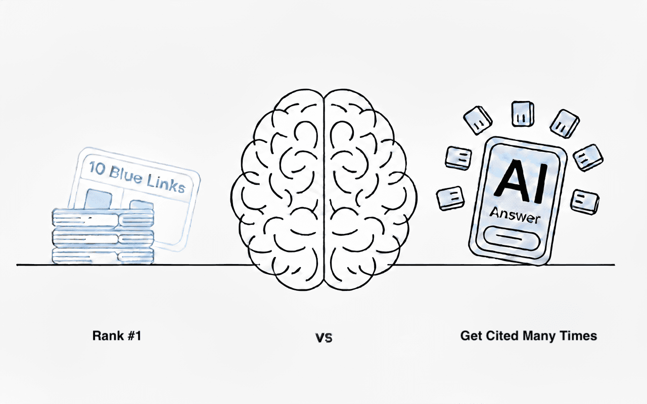 Side-by-side comparison of traditional list-based results versus a single AI answer citing multiple sources.